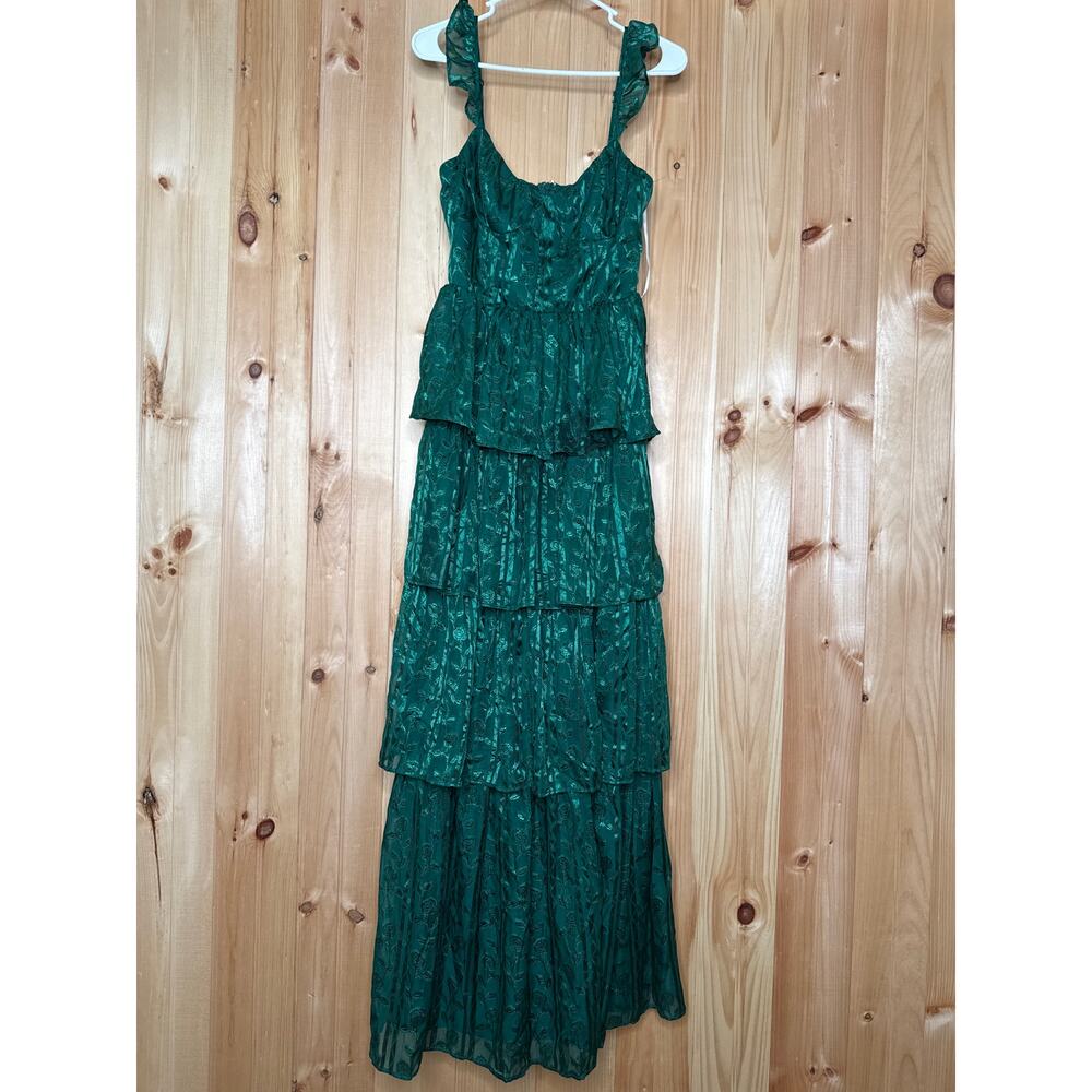 NWT Lulus Stunning Glory Hunter Green Floral Jacquard Tiered Maxi Dress Prom M - Picture 2 of 6